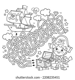 Maze or Labyrinth Game. Puzzle. Tangled road. Coloring Page Outline Of Cartoon pirate with chest of treasure. Pirate ship. Coloring Book for kids.
