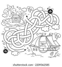 Maze or Labyrinth Game. Puzzle. Tangled road. Coloring Page Outline Of cartoon pirate ship with treasure island. Coloring book for kids.