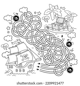 Maze or Labyrinth Game. Puzzle. Tangled road. Coloring Page Outline Of cartoon pirate ship with treasure island. Coloring book for kids.
