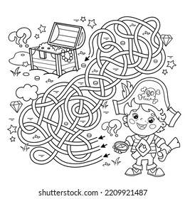 Maze or Labyrinth Game. Puzzle. Tangled road. Coloring Page Outline Of cartoon little pirate with treasure chest. Coloring book for kids.