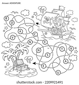 Maze or Labyrinth Game. Puzzle. Tangled road. Coloring Page Outline Of Cartoon pirate on pirate ship or sailboat with black sails. Island of treasure. Coloring Book for kids.