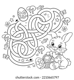 Maze or Labyrinth Game. Puzzle. Tangled road.Coloring Page Outline Of cartoon cute Easter bunny with eggs and sweets. Coloring Book for kids.