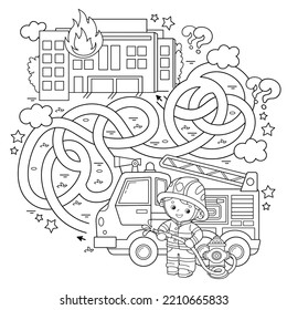 Maze oder Labyrinth Game. Rätsel. Tangled Road. Farbseite Umriss von Cartoon Feuerwehrmann oder Feuerwehrmann mit Feuerwehrwagen. Brandbekämpfung. Farbbuch für Kinder.