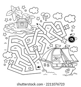 Juego de laberinto o laberinto. Rompecabezas. Camino enmarañado. Esbozo de la página de Colores del barco pirata de dibujos animados con isla del tesoro. Libro de colorear para niños.