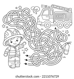 Maze or Labyrinth Game. Puzzle. Tangled road. Coloring Page Outline Of cartoon fireman or firefighter with  fire truck. Coloring book for kids.