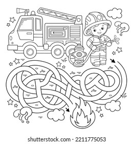 Maze oder Labyrinth Game. Rätsel. Tangled Road. Farbseite Umriss von Cartoon Feuerwehrmann oder Feuerwehrmann mit Feuerwehrwagen. Brandbekämpfung. Farbbuch für Kinder.