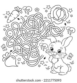 Maze or Labyrinth Game. Puzzle. Tangled road. Coloring Page Outline Of cartoon cute bunny or rabbit with carrot and cabbage. Coloring Book for kids.