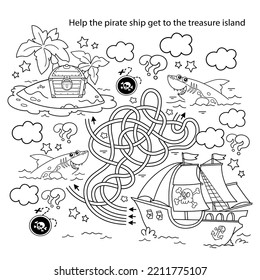 Juego de laberinto o laberinto. Rompecabezas. Camino enmarañado. Esbozo de la página de Colores del barco pirata de dibujos animados con isla del tesoro. Libro de colorear para niños.
