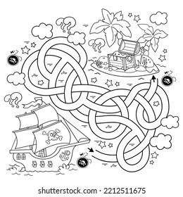 Maze or Labyrinth Game. Puzzle. Tangled road. Coloring Page Outline Of cartoon pirate ship with treasure island. Coloring book for kids.