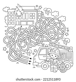 Maze oder Labyrinth Game. Rätsel. Tangled Road. Farbseite Umriss von Cartoon Feuerwehrmann oder Feuerwehrmann mit Feuerwehrwagen. Brandbekämpfung. Farbbuch für Kinder.