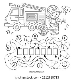 Juego de laberinto o laberinto. Rompecabezas. Camino enmarañado. Esbozo de página de color de bombero o bombero de dibujos animados con camión de bomberos. Pelea de fuego. Libro de colorear para niños.