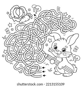 Maze or Labyrinth Game. Puzzle. Tangled road. Coloring Page Outline Of cartoon cute bunny or rabbit with carrot and cabbage. Coloring Book for kids.