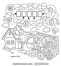 Maze or Labyrinth Game. Puzzle. Tangled road. Coloring Page Outline Of cartoon fireman or firefighter with fire truck. Fire fighting. Coloring book for kids.
