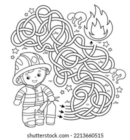 Maze or Labyrinth Game. Puzzle. Tangled road. Coloring Page Outline Of cartoon fireman or firefighter with a extinguisher. Fire fighting. Coloring book for kids.