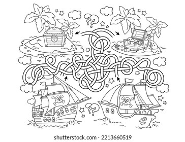 Juego de laberinto o laberinto. Rompecabezas. Camino enmarañado. Esbozo de página de Colores de barcos piratas de dibujos animados con isla del tesoro. Libro de colorear para niños.