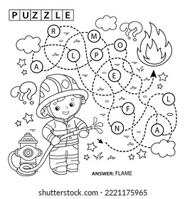 Maze or Labyrinth Game. Puzzle. Tangled road. Coloring Page Outline Of cartoon fireman or firefighter with  hydrant. Fire fighting. Coloring book for kids.