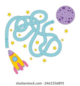 Maze or labyrinth game spaceship and planet. Children education activity page and worksheet for kids.