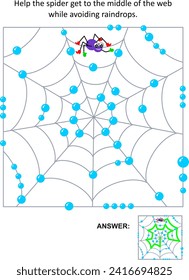 Maze or labyrinth: Help the spider get to the middle of the web while avoiding raindrops. Answer included.
