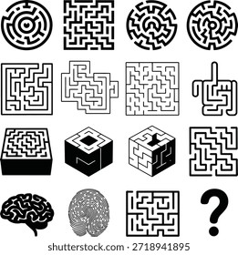 Labyrinth und Labyrinth-Ikone. Enthält quadratische und kreisförmige Rätsel, Gehirnteaser, die Suche nach dem Weg und Lösungswege.