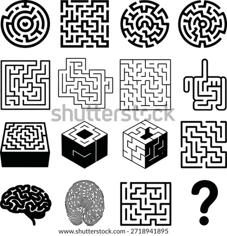 Maze and labyrinth icon set. Containing square and circular puzzles, brain teasers, finding the way, and solution paths.