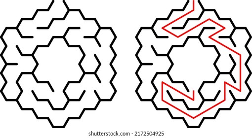 Maze Labyrinth for kids with solution. Puzzle logic game. Hexagonal mazes riddle