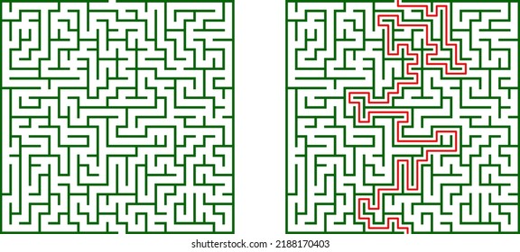 Maze Labyrinth for kids with solution. Puzzle logic game. Square green garden mazes riddle