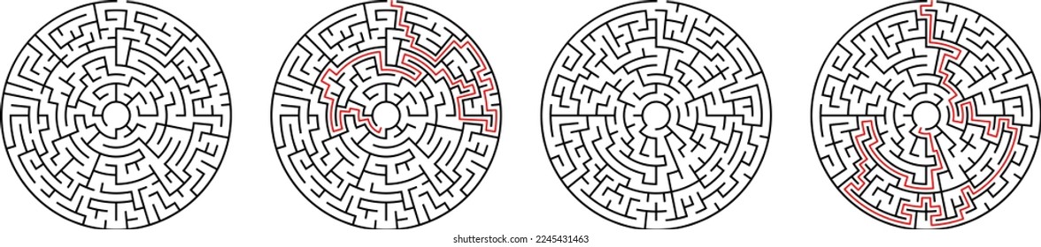 Maze Labyrinth for kids with solution. Simple puzzle logic game. Round circle mazes riddle