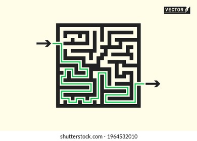 Maze, labyrinth monochrome with the correct path of passage. hint. Children's game, logic. Vector illustration, template.