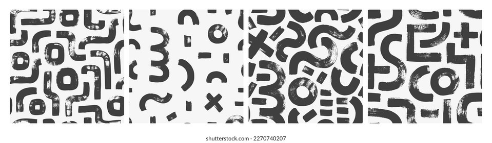 Maze und Labyrinth Motive nahtlose Muster. Kollektion von Hintergründen mit gewagten geometrischen Pinselstrichen und Formen. Kreise, Kreuze und gekrümmte Linien Muster. Schwarz-Weiß-Vektorhintergründe.
