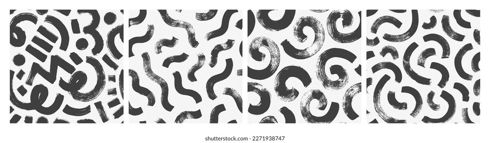 Maze and labyrinth motives seamless patterns. Collection of backgrounds with bold geometric brush strokes and shapes. Curved lines, swirls and squiggles patterns. Black and white vector wallpapers.