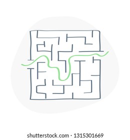 The Maze, labyrinth with one entrance, one exit and one right way to go. Search for a way out of the situation, problem solving. Flat outline vector illustration on white.