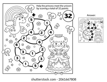 Maze or Labyrinth. Puzzle. Mathematical addition game. Coloring Page Outline Of cartoon lovely princess with magic unicorn. Cinderella. Fairy tale. Coloring book for kids.