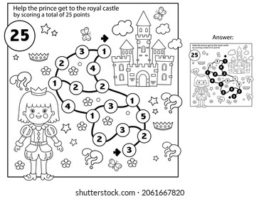 Maze or Labyrinth. Puzzle. Mathematical addition game.Coloring Page Outline Of cartoon lovely prince. Beautiful young king. Royal castle or palace. Fairy tale. Coloring book for kids.