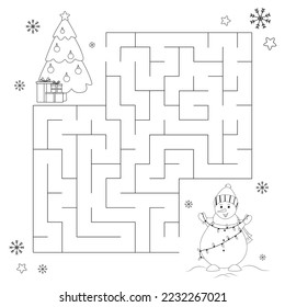 Maze or labyrinth with snowman and christmas tree. Game for children. New Year and Christmas Illustrations. Coloring book for kids