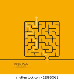 Maze / labyrinth template. White arrow going through the maze, path across a labyrinth. Isolated on yellow background. Vector illustration.
