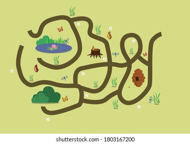 
maze with a lake with butterflies and a bee hive