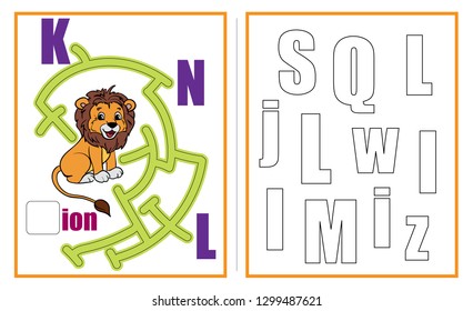 Maze. Learn the letters. Labyrinth for children. ABC. Puzzles for kids.  Little animals cartoons characters. Tasks for children. Alphabet. Workbook.  Vector illustration