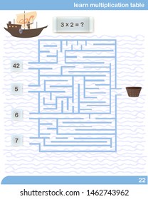 Maze. Learn multiplication table. Labyrinth. Viking Adventure. Vector illustration in flat cartoon style. Educational game. Math test. Find the right way. Child Game. Self-education. Cartoon ship.