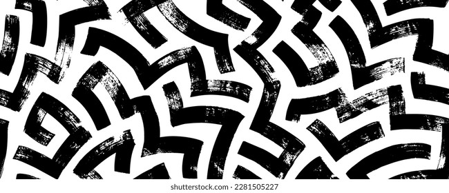 Maze lines vector seamless pattern. Hand drawn bold brush strokes in labyrinth motif. Abstract geometric background with thick lines. Maze vector texture. Grunge curved bold smears with corners.