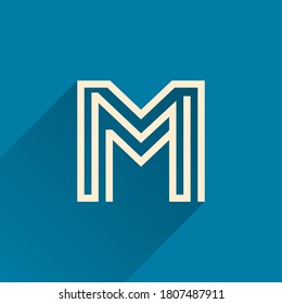 Logo de la letra Maze M hecho de tres líneas paralelas. El diseño de vectores planos se puede usar para anuncios de rompecabezas, afiches de elección correcta, identidad tecnológica, etc.