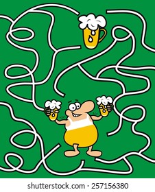 maze, man and beer, vector icon, green background