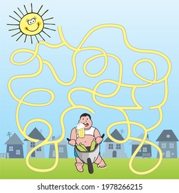 maze, man and beer, vector illustration, landscape, village, blue background