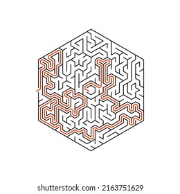 Maze mental educational game with clue template in hexagon isolated. Vector labyrinth with tangled way, puzzle to find out entrance, right choice in red key. Rebus maze game challenge thin line riddle