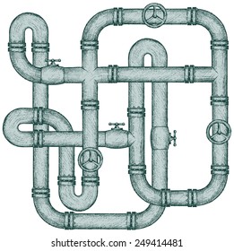 Maze of metal pipes. Doodle style