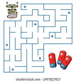 Maze Mini Game On Paper. The Robot Is Looking For A Way To Recharge The Battery Through The Labyrinth. Color Illustration With Easy Task For Preschooler.