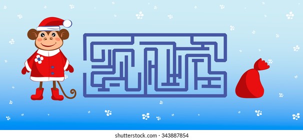 Maze with a monkey dressed as Santa Claus. Help the monkey get to the bag with gifts.