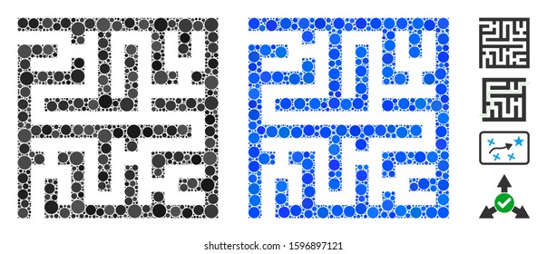 Maze mosaic of round dots in variable sizes and shades, based on maze icon. Vector round dots are grouped into blue mosaic. Dotted maze icon in usual and blue versions.