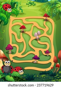 A maze with mushrooms and ladybugs