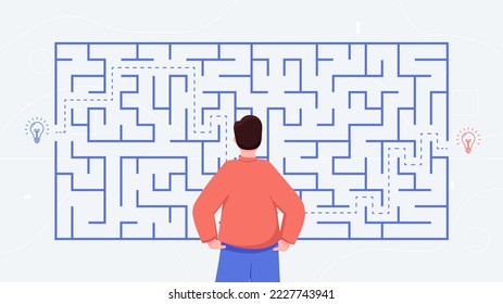 Maze on blackboard. Man looking for way out of labyrinth and solves puzzle. Brain activity, character makes decision, evaluates options. Education and training. Cartoon flat vector illustration