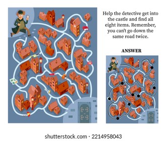 Maze and one answer, activity for children. Vector illustration. Puzzle game. Help the detective get into the castle and find all eight items. Find 2 correct answers. 